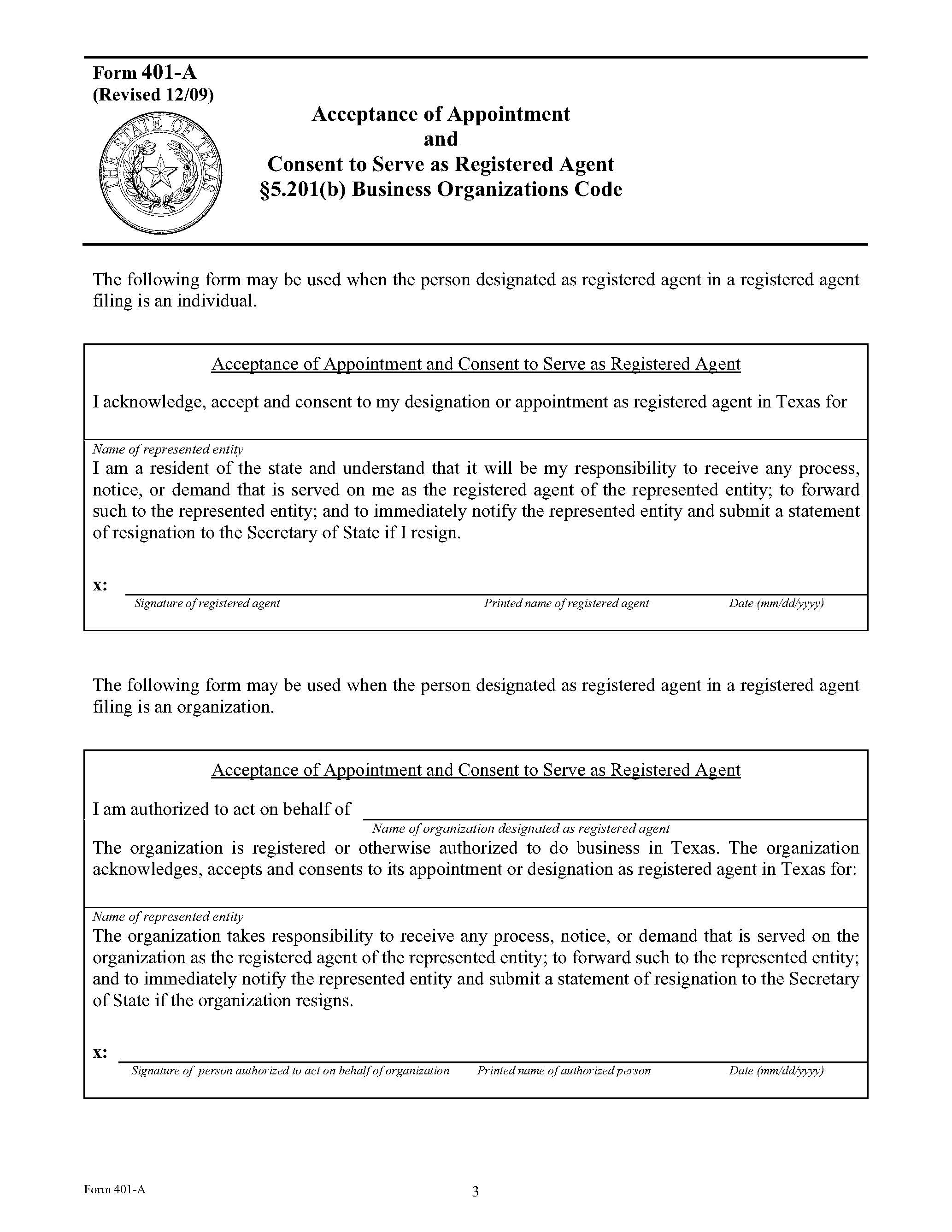 Acceptance Of Appointment And Consent To Serve As Registered Agent {401-A} | Pdf Fpdf Doc Docx | Texas