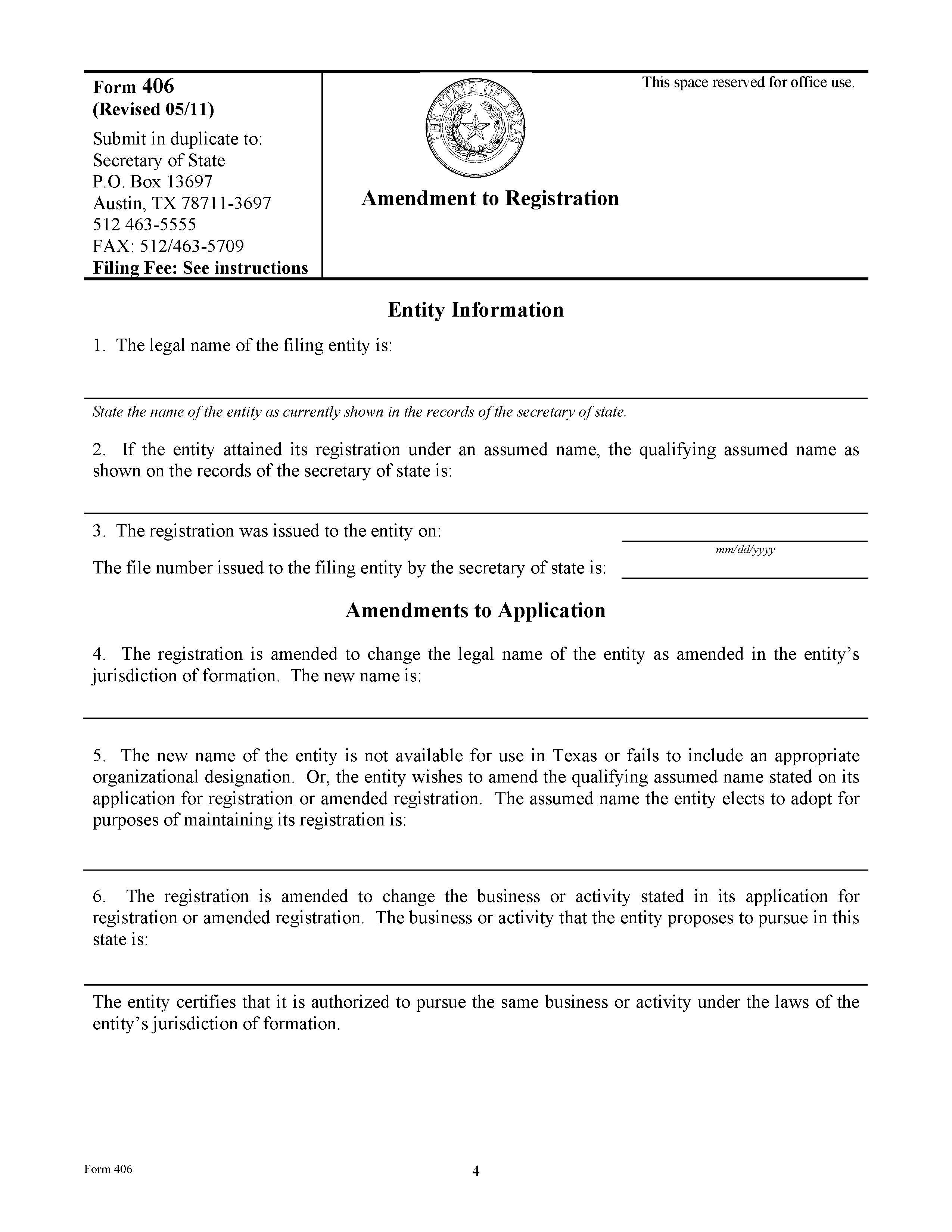 Amendment To Registration {406} | Pdf Fpdf Doc Docx | Texas