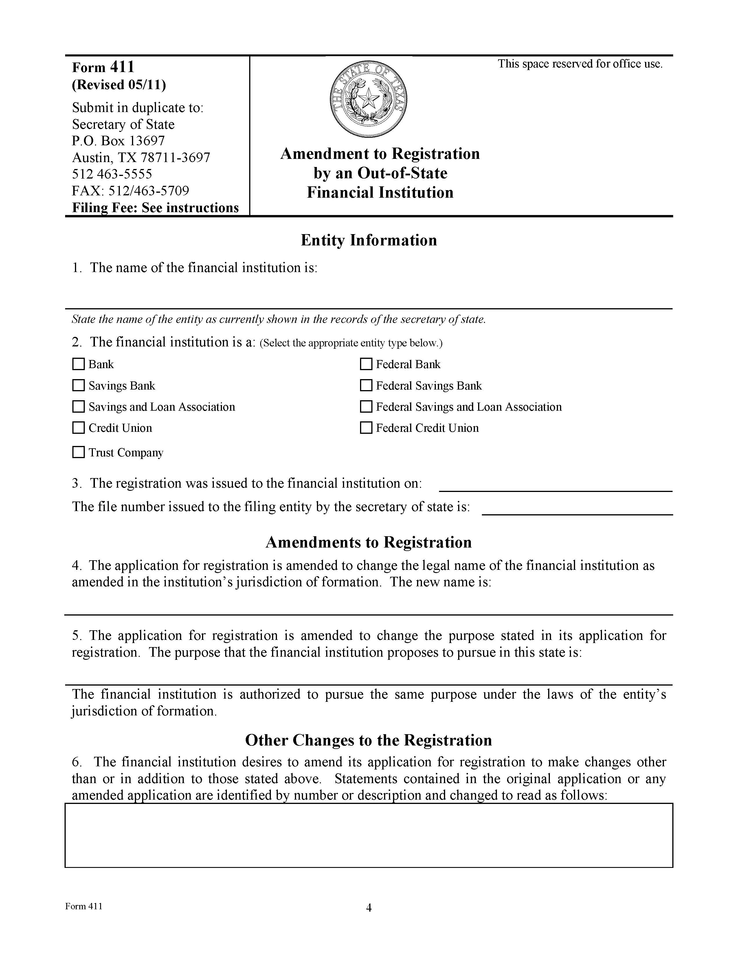 Amendment To Registration By An Out-Of-State Financial Institution {411} | Pdf Fpdf Doc Docx | Texas