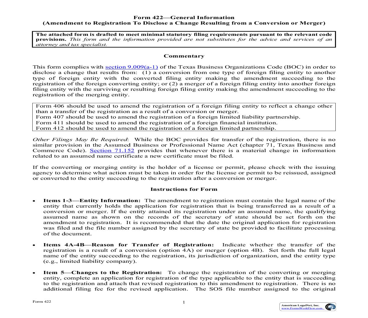 Amendment To Registration To Disclose A Change Resulting From A Conversion Of Merger {422} | Pdf Fpdf Doc Docx | Texas