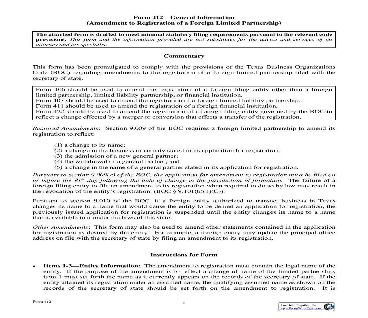 Amendment To Registrtion Of A Foreign Limited Partnership {412} | Pdf Fpdf Doc Docx | Texas