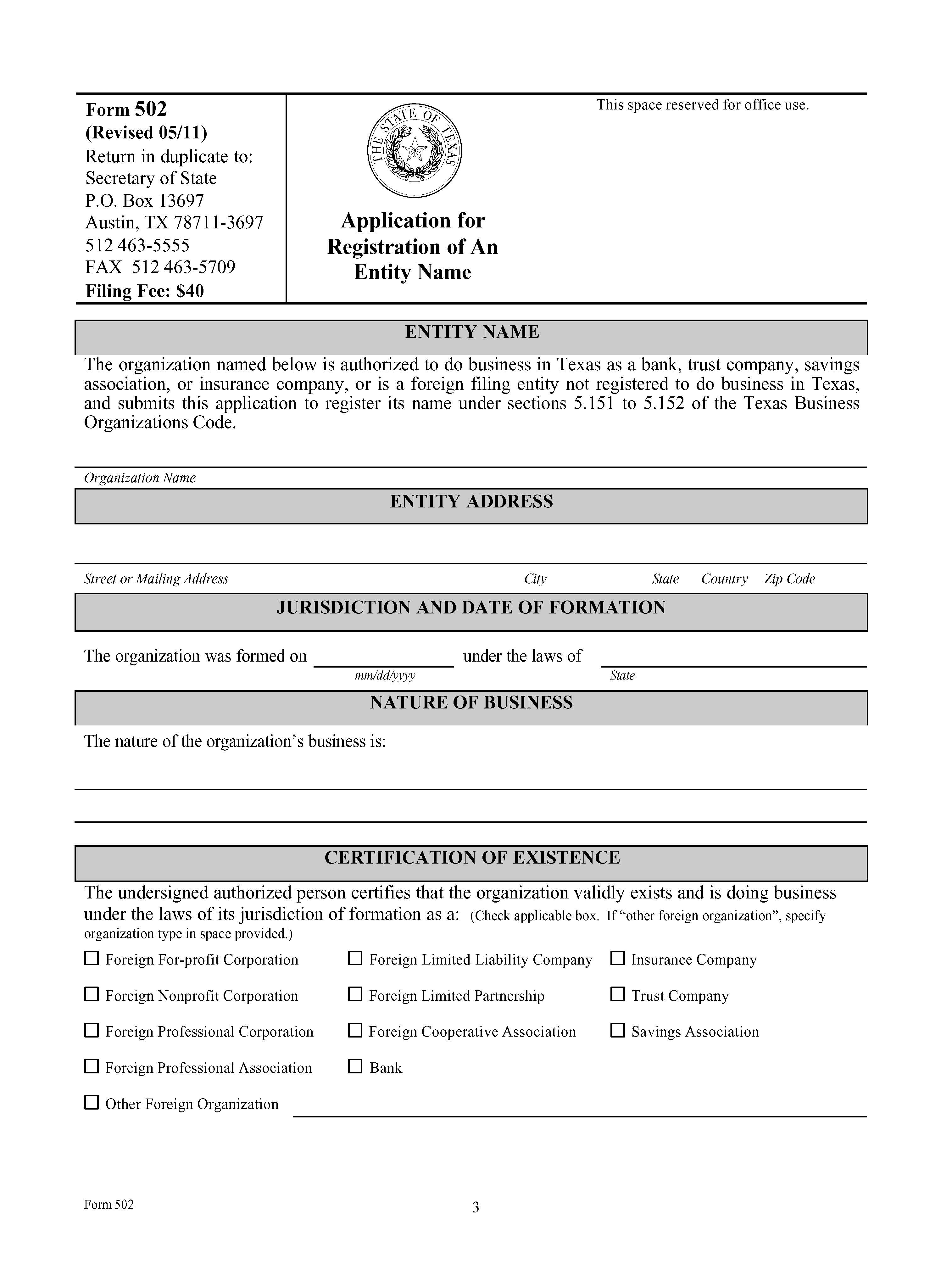 Application For Registration Of An Entity Name {502} | Pdf Fpdf Doc Docx | Texas
