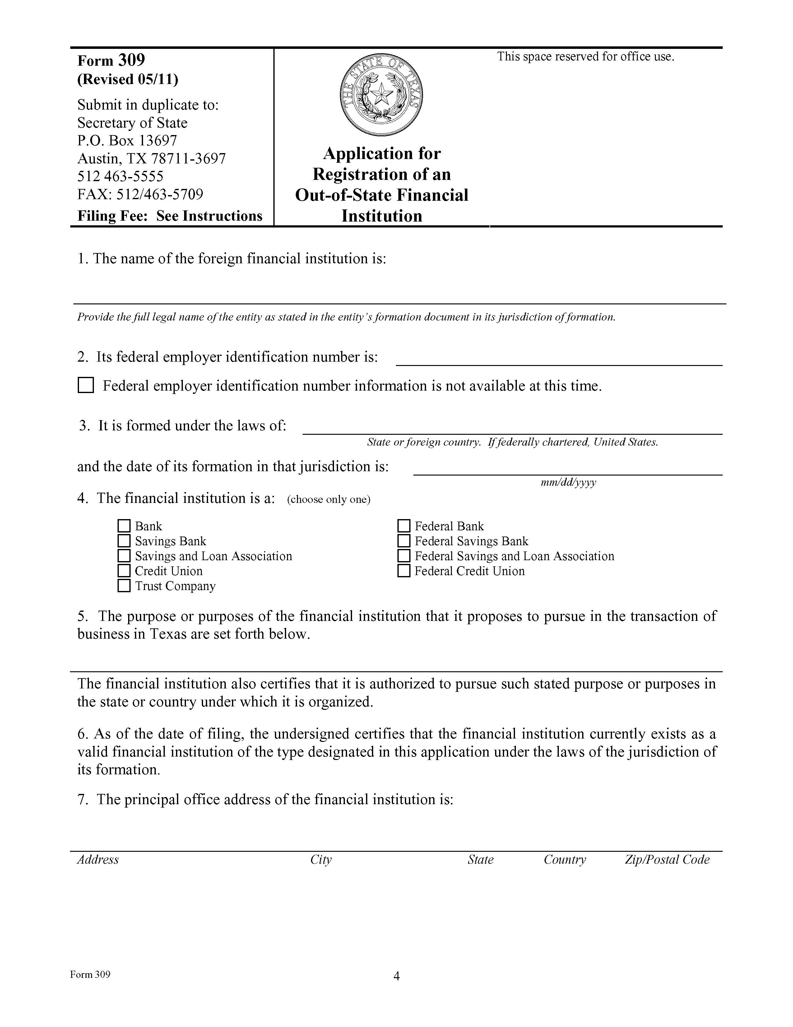 Application For Registration Of An Out-Of-State Financial Institution {309} | Pdf Fpdf Doc Docx | Texas