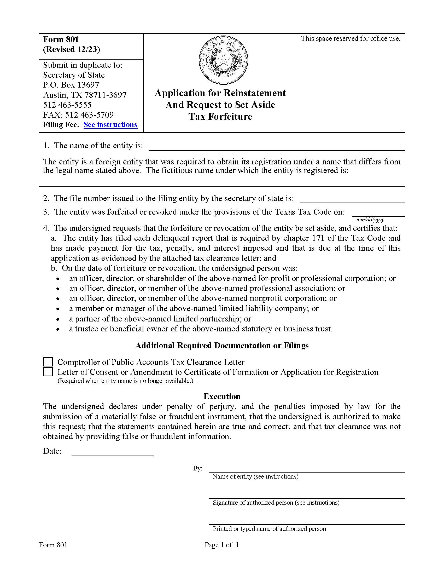 Application For Reinstatement And Request To Set Aside Tax Forfeiture {801} | Pdf Fpdf Doc Docx | Texas