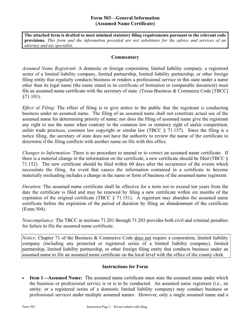Assumed Name Certificate {503} | Pdf Fpdf Doc Docx | Texas