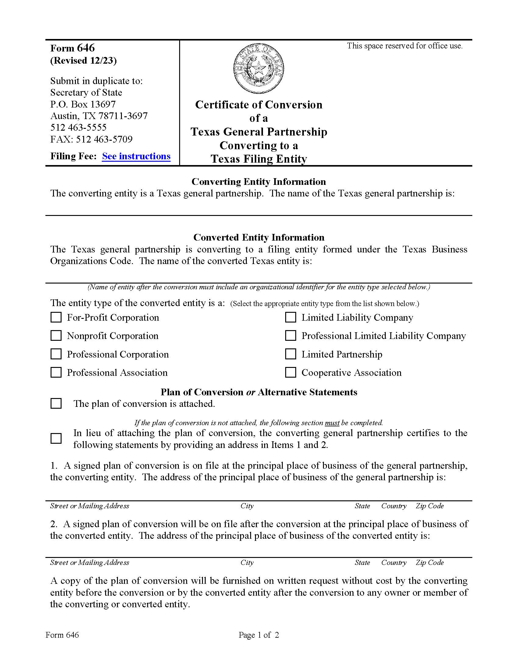 Certificate Of Conversion (General Partnership To Filing Entity) {646} | Pdf Fpdf Doc Docx | Texas