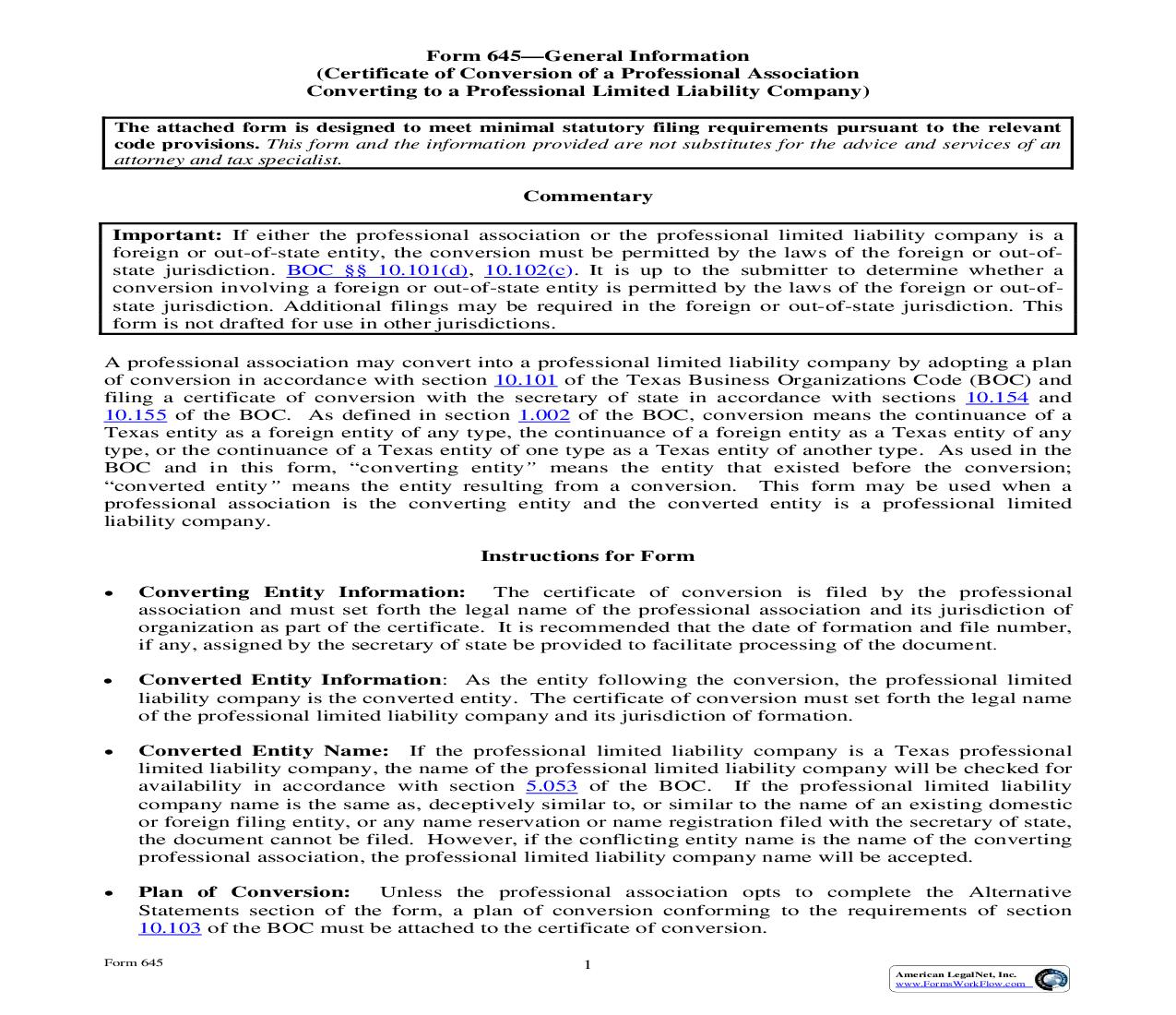 Certificate Of Conversion (Professional Association To LLC) {645} | Pdf Fpdf Doc Docx | Texas