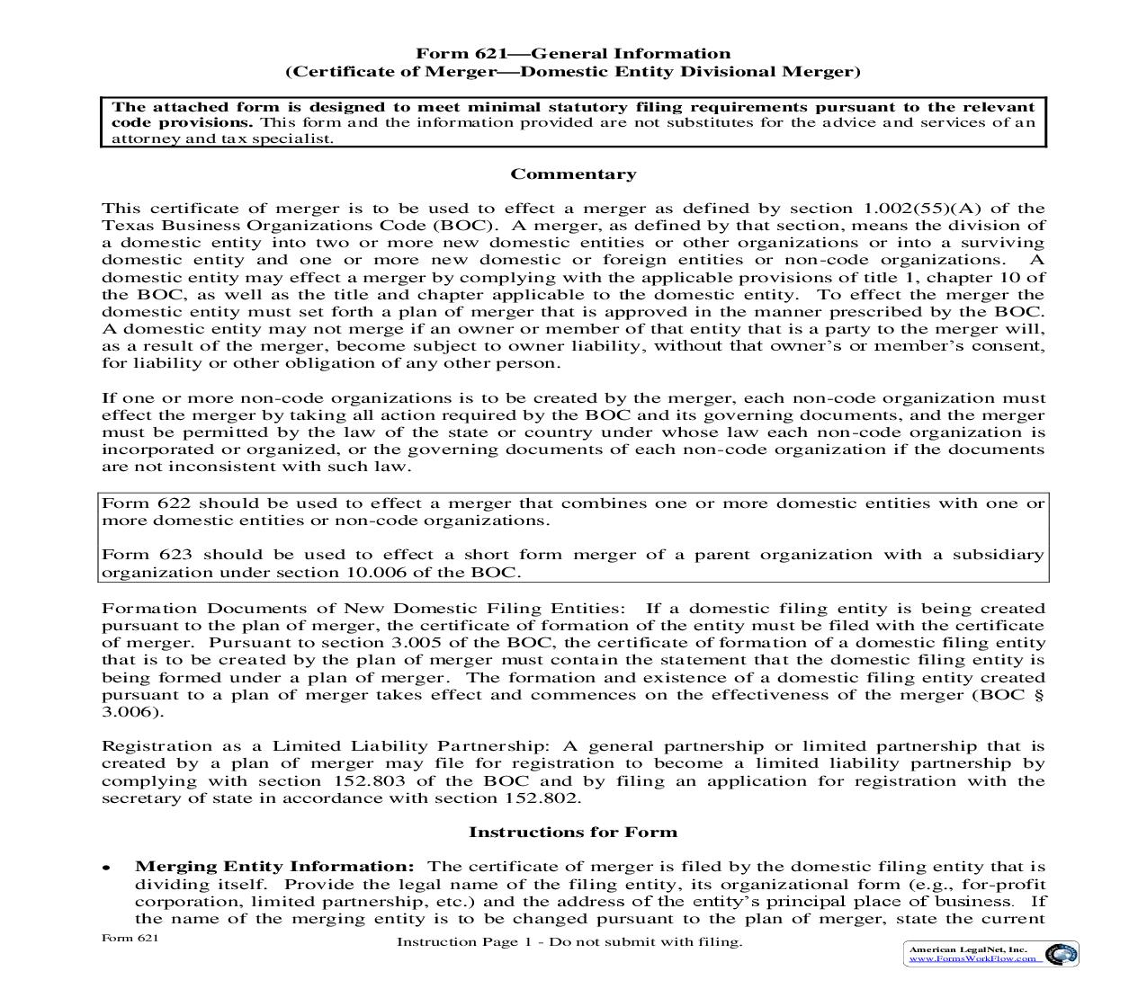 Certificate Of Merger Domestic Entity Divisional Merger {621} | Pdf Fpdf Doc Docx | Texas