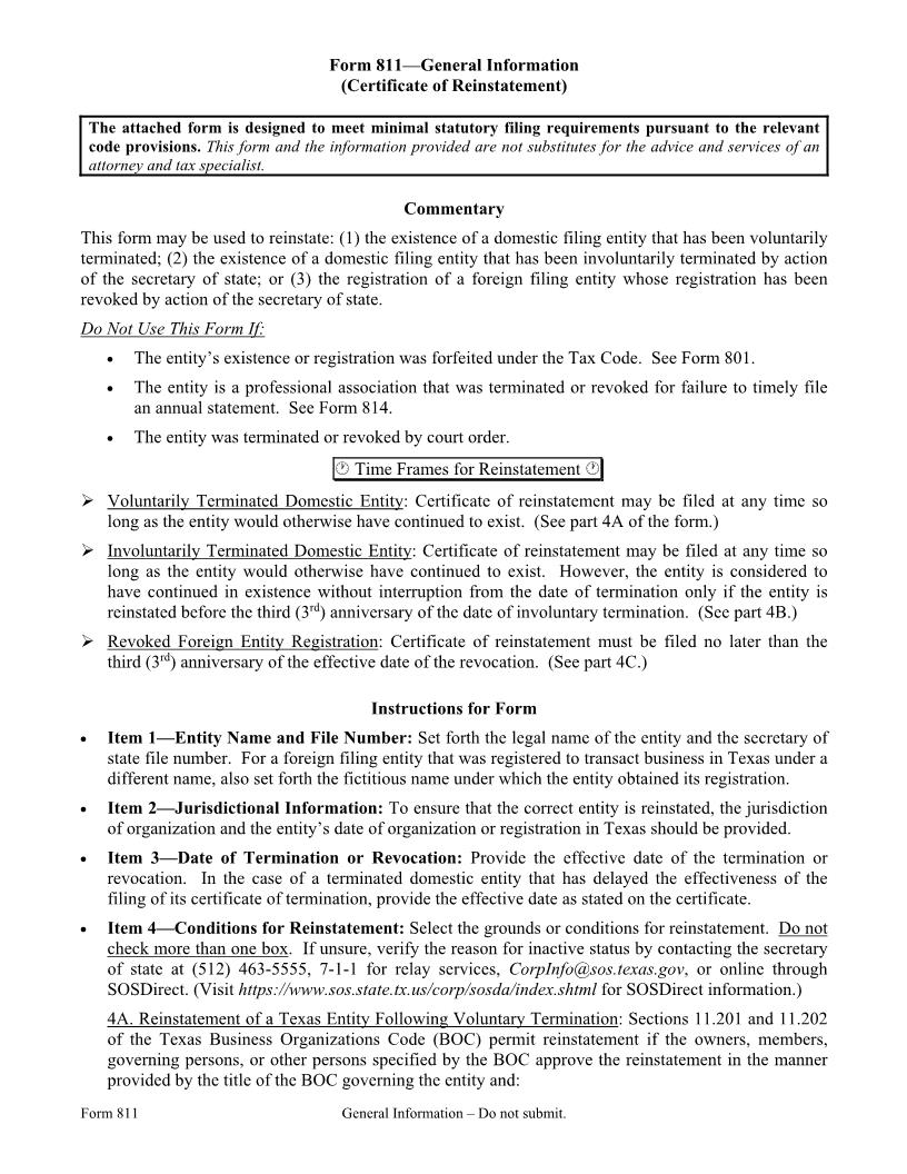 Certificate Of Reinstatement {811} | Pdf Fpdf Doc Docx | Texas