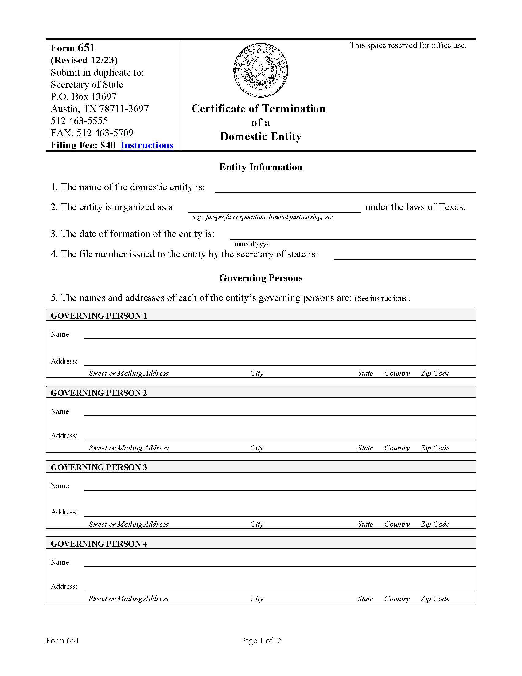 Certificate Of Termination Of A Domestic Entity {651} | Pdf Fpdf Doc Docx | Texas
