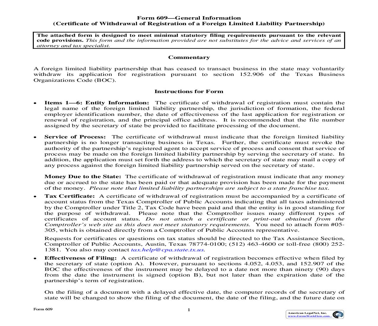 Certificate Of Withdrawal Of Registration Of A Foreign Limited Liability Partnership {609} | Pdf Fpdf Doc Docx | Texas