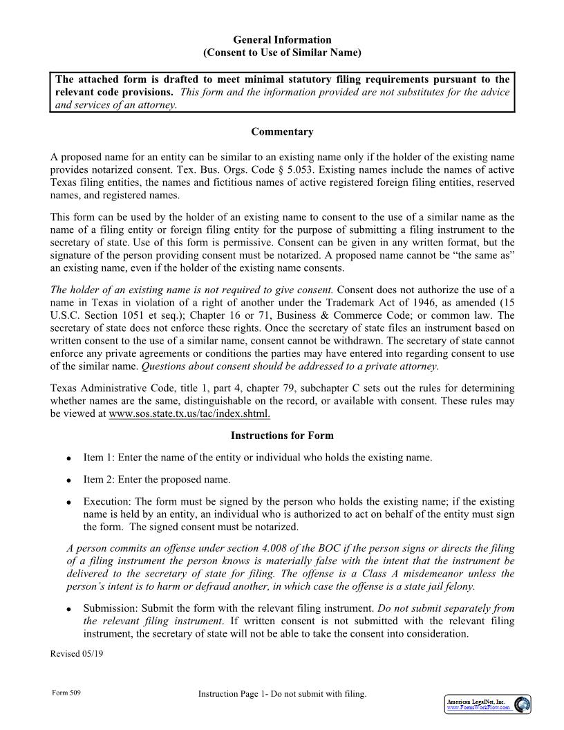Consent To Use Of Similar Name {509} | Pdf Fpdf Docx | Texas