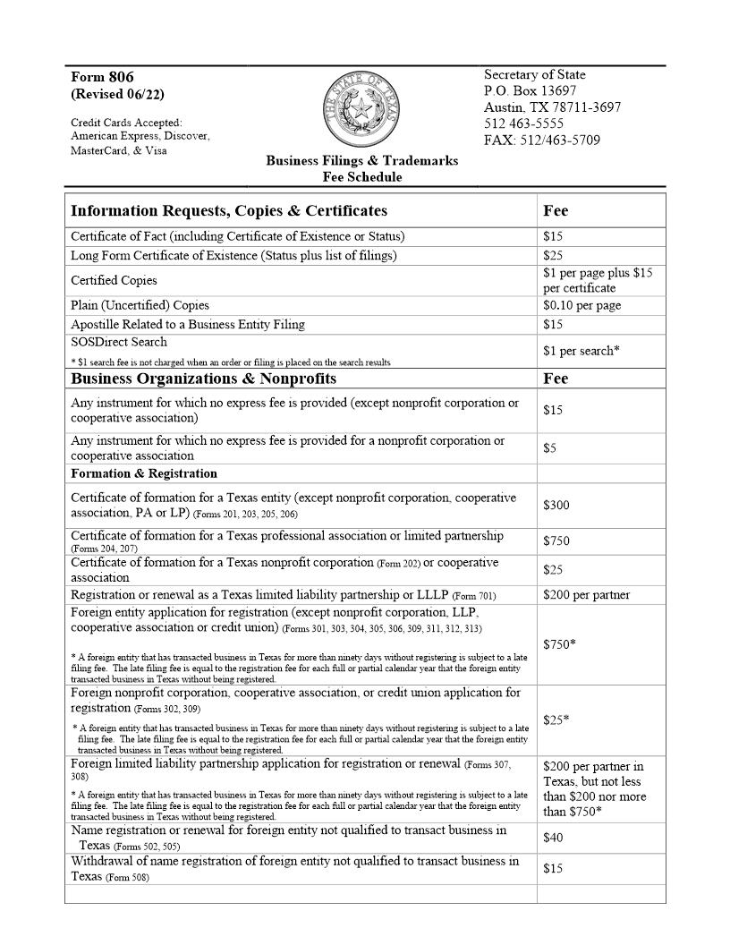 Fee Schedule {806} | Pdf Fpdf Doc Docx | Texas