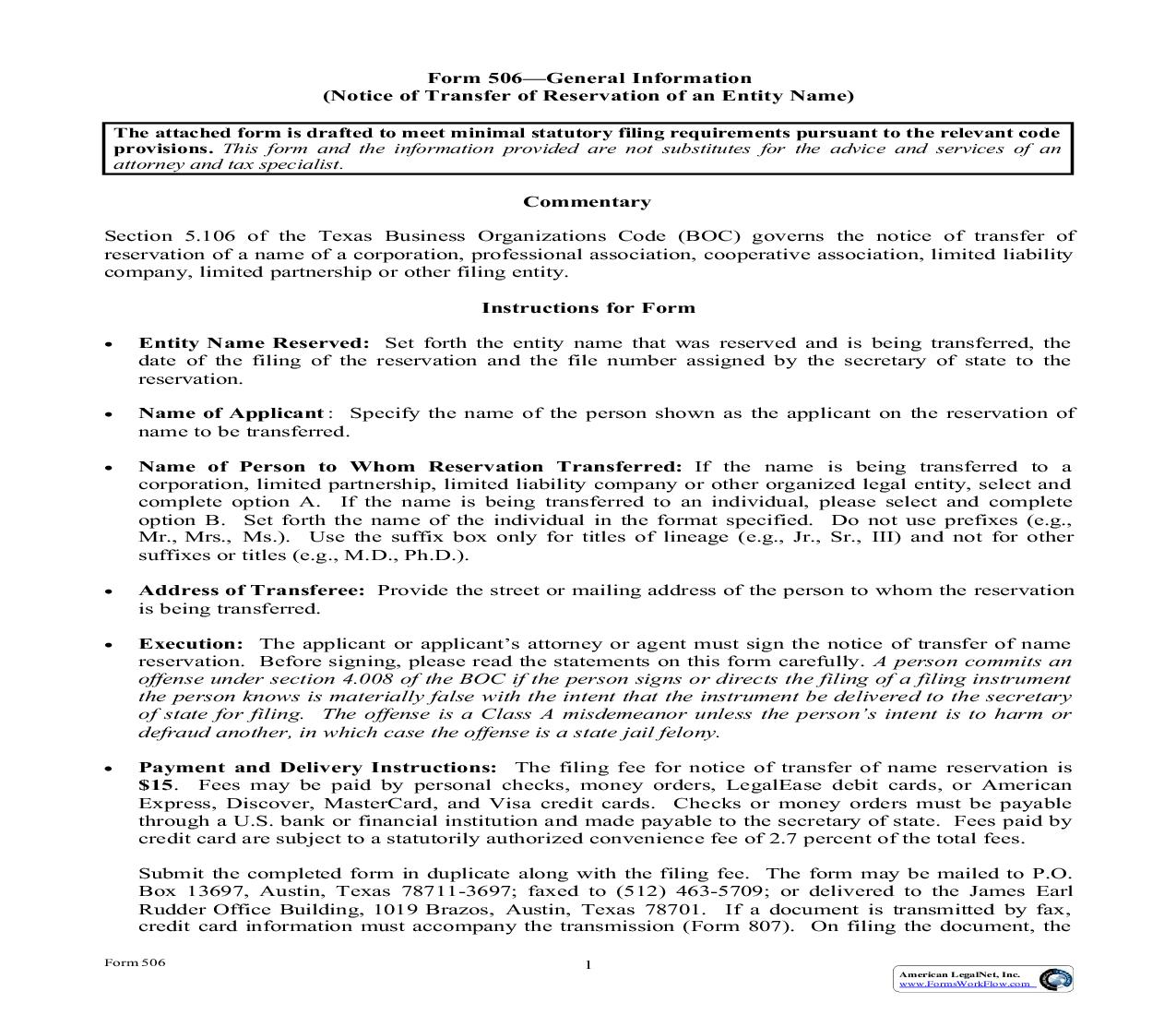 Notice Of Transfer Of Reservation Of An Entity Name {506} | Pdf Fpdf Doc Docx | Texas