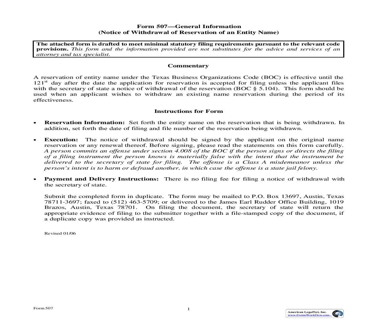 Notice Of Withdrawal Of Entity Name Reservation {507} | Pdf Fpdf Doc Docx | Texas