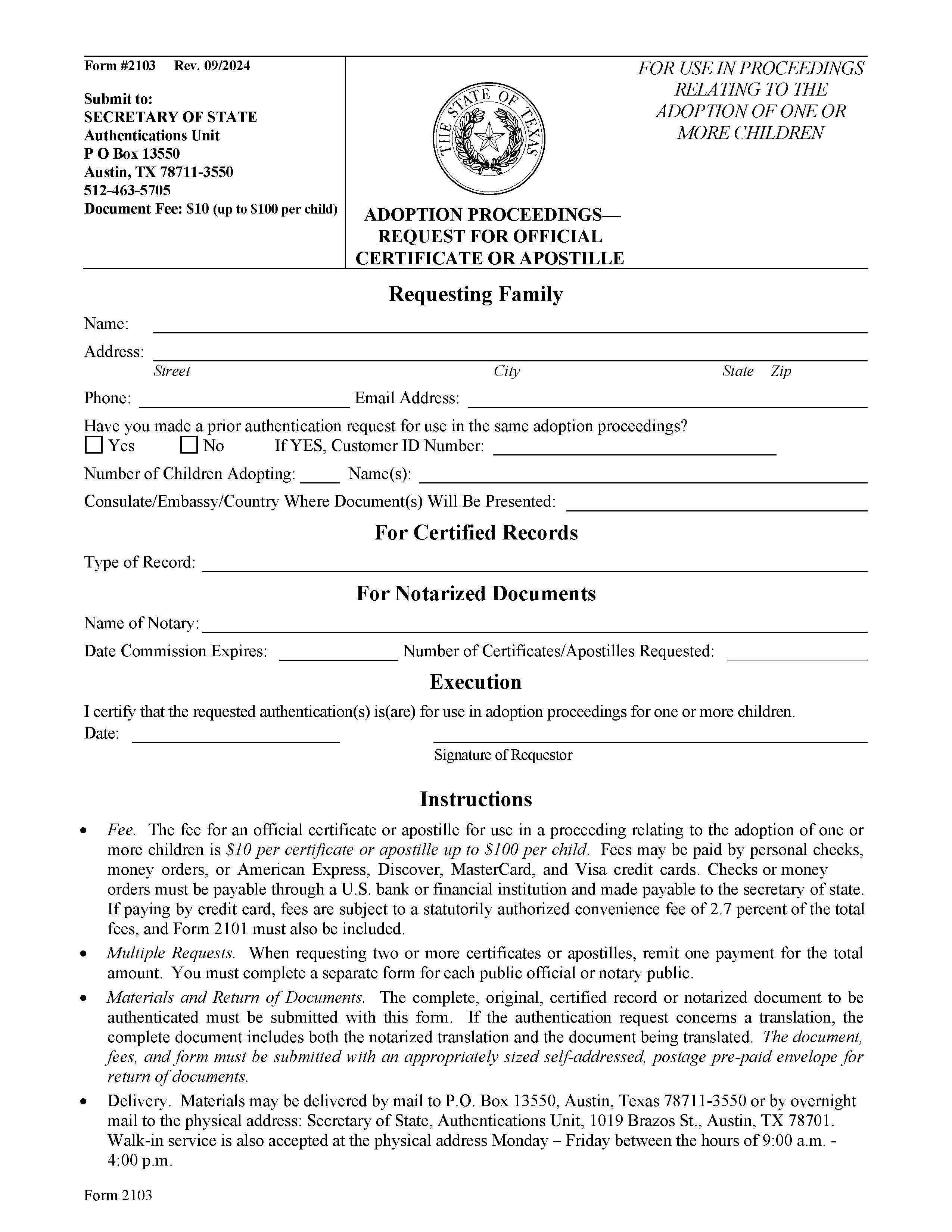 Request For Official Certificate Or Apostille Adoption Proceedings {2103} | Pdf Fpdf Doc Docx | Texas