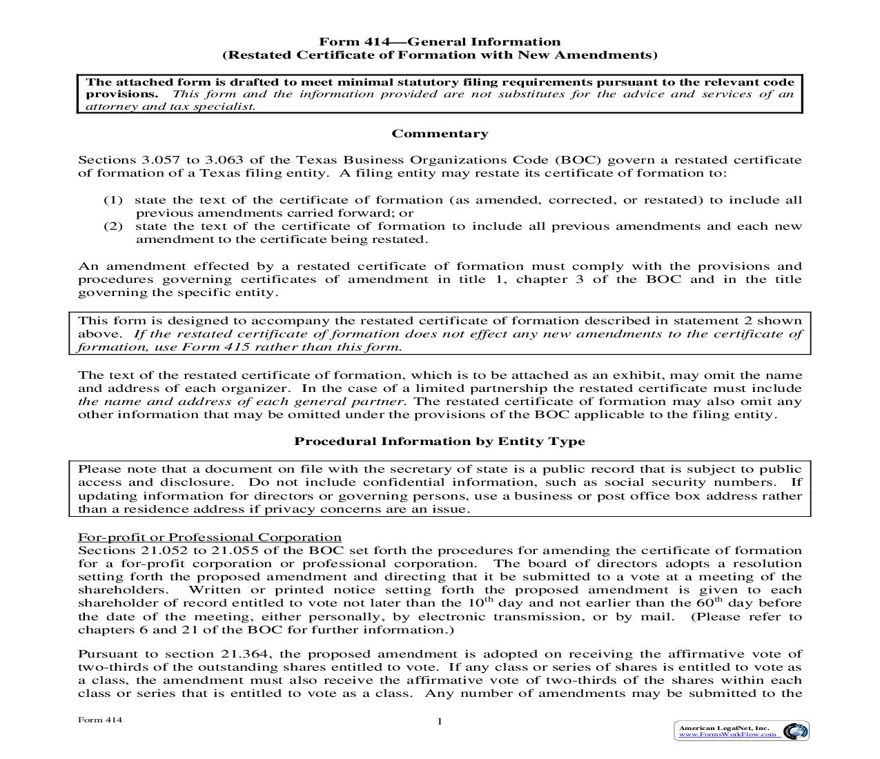 Restated Certificate Of Formation With New Amendments {414} | Pdf Fpdf Doc Docx | Texas