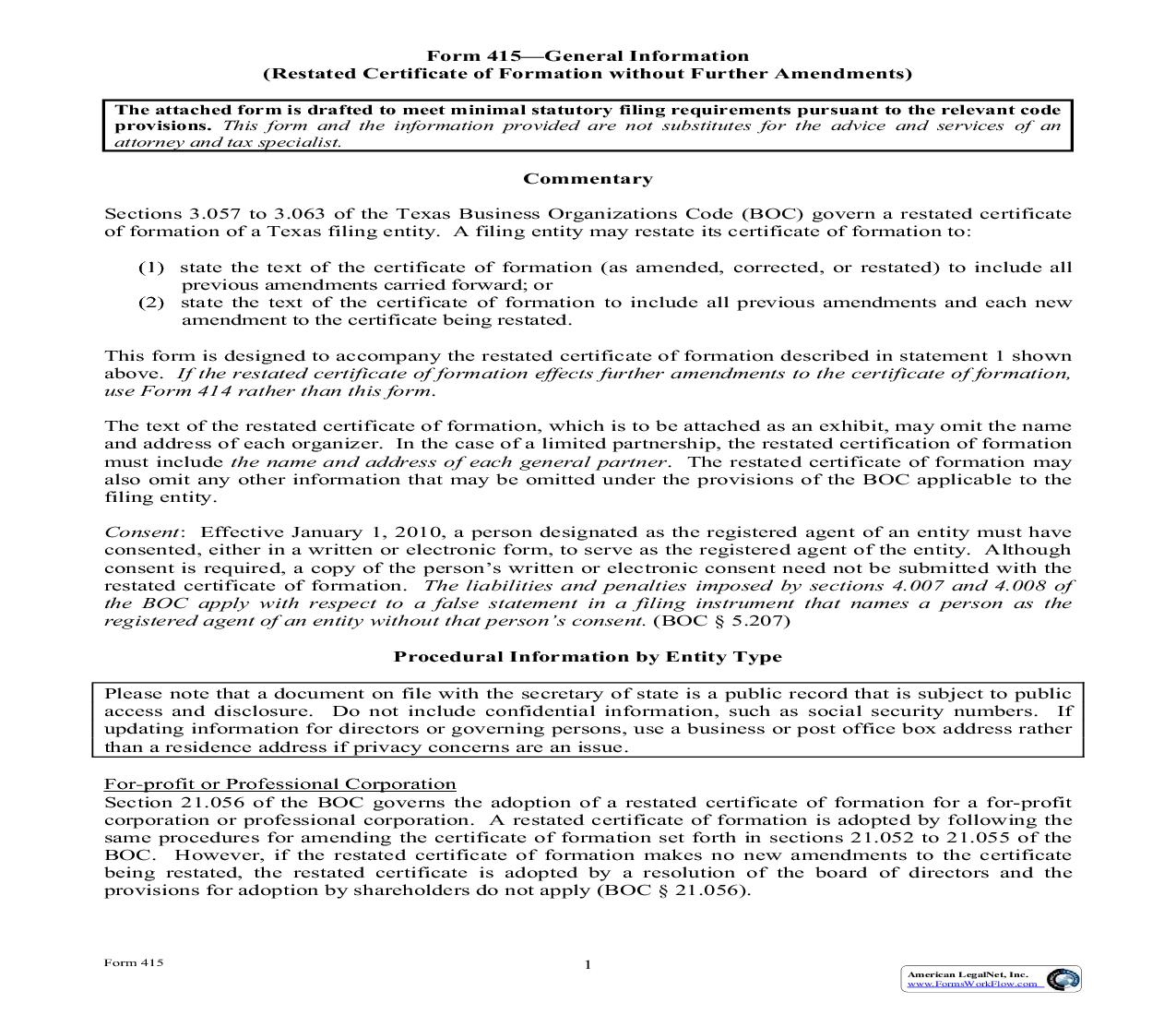 Restated Certificate Of Formation Without Further Amendments {415} | Pdf Fpdf Doc Docx | Texas