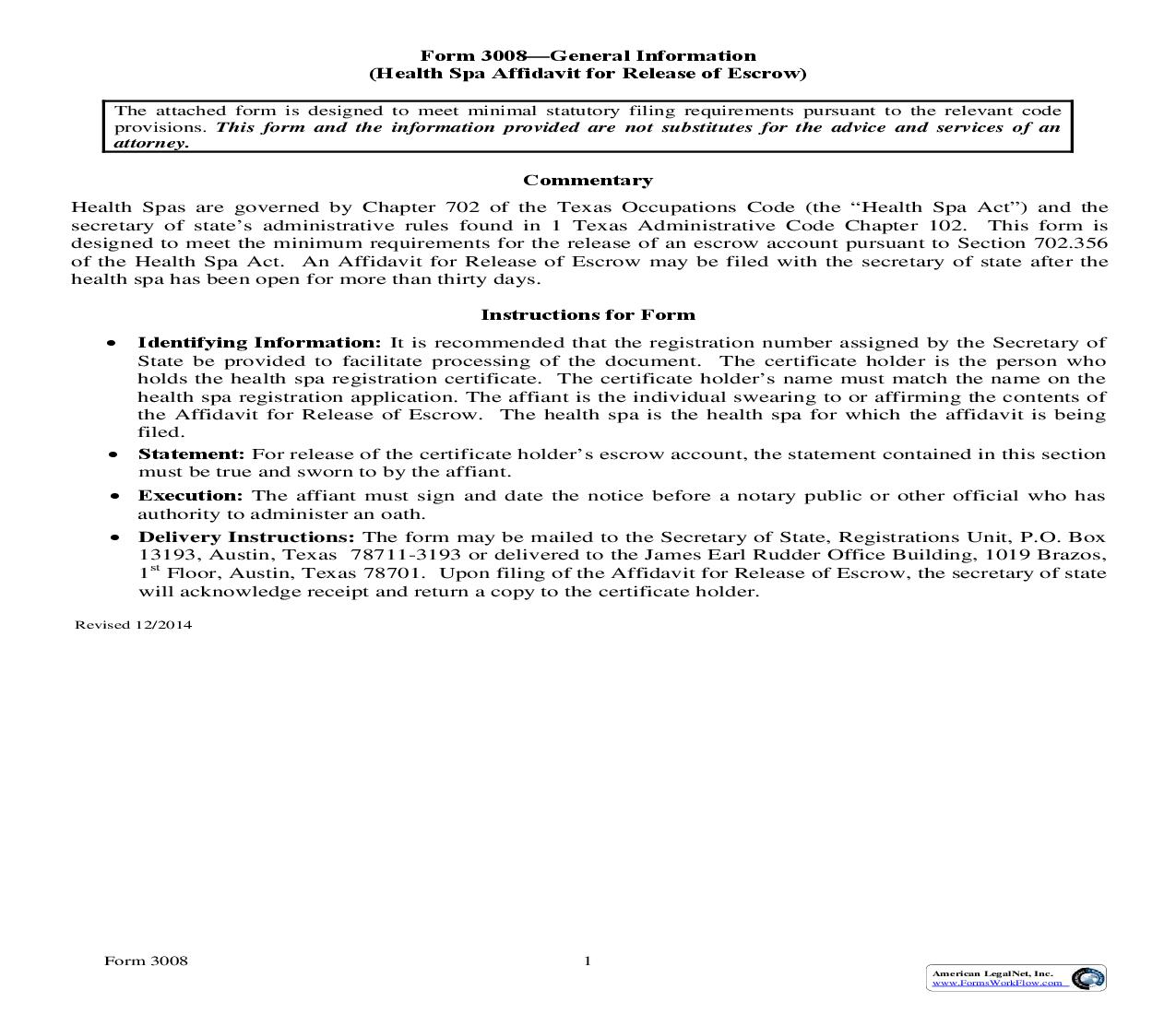 Health Spa Affidavit For Release Of Escrow {3008} | Pdf Fpdf Doc Docx | Texas