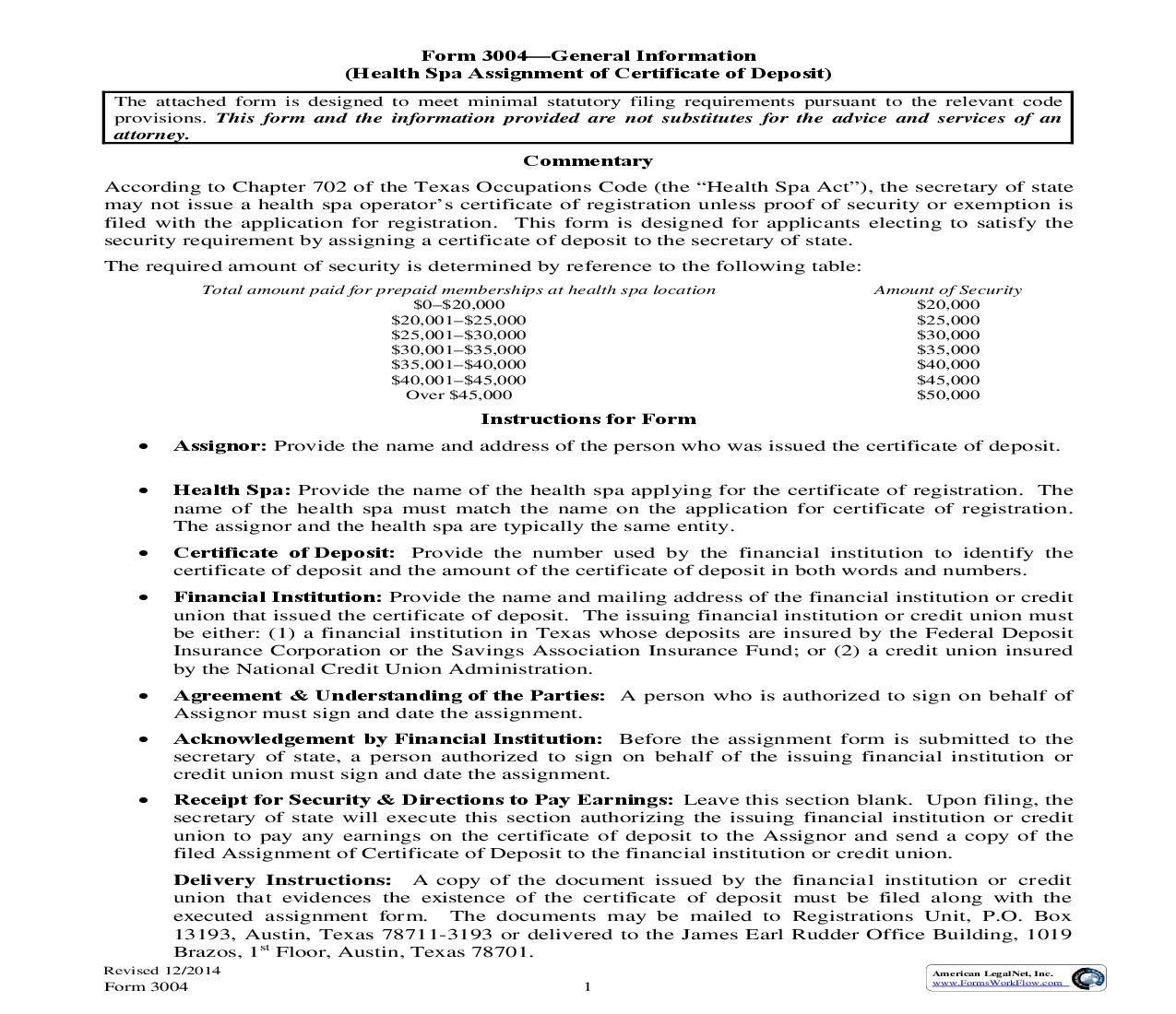 Health Spa Assignment Of Certificate Of Deposit {3004} | Pdf Fpdf Doc Docx | Texas