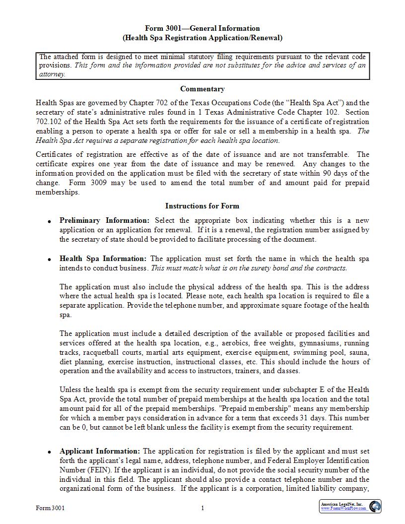 Health Spa Registration Application Renewal {3001} | Pdf Fpdf Docx | Texas