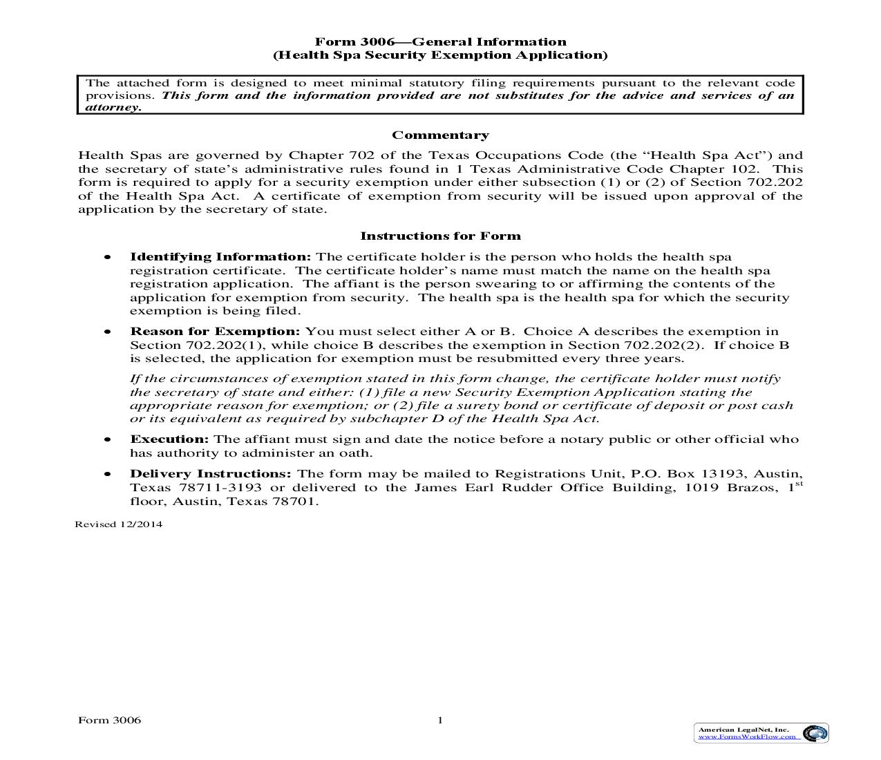 Health Spa Security Exemption Application {3006} | Pdf Fpdf Doc Docx | Texas