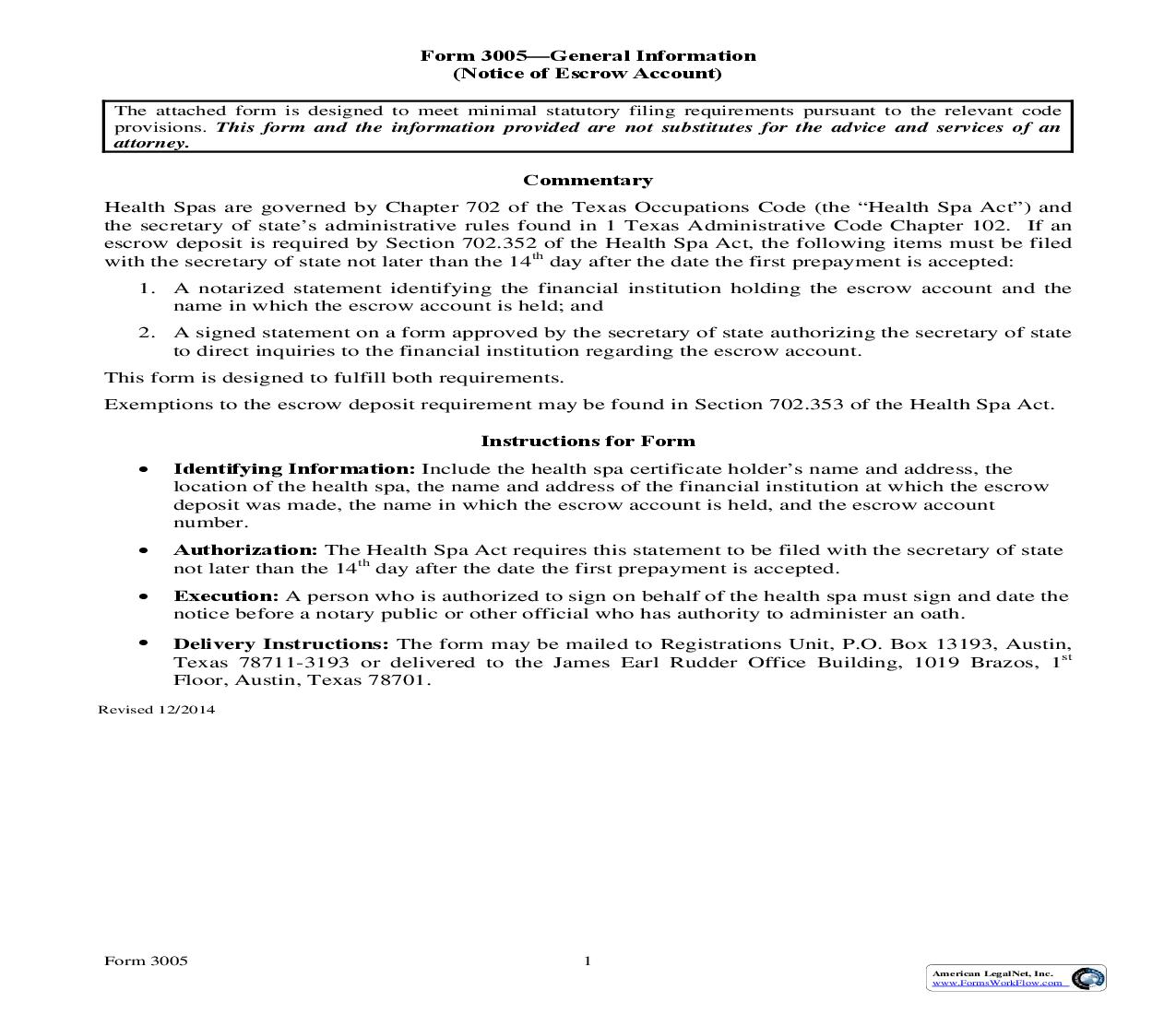 Notice Of Escrow Account {3005} | Pdf Fpdf Doc Docx | Texas