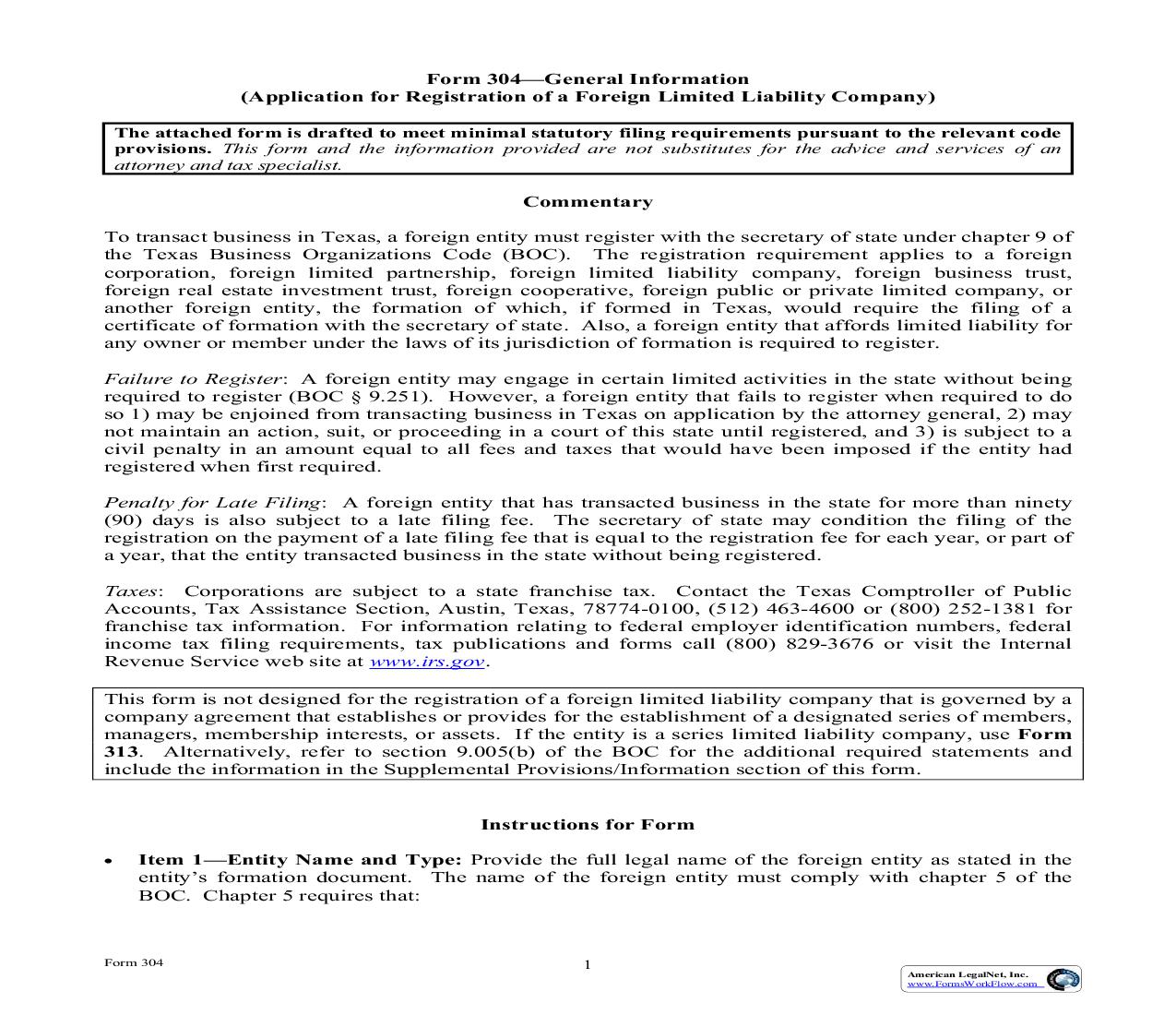 Application For Registration Of A Foreign Limited Liability Company {304} | Pdf Fpdf Doc Docx | Texas