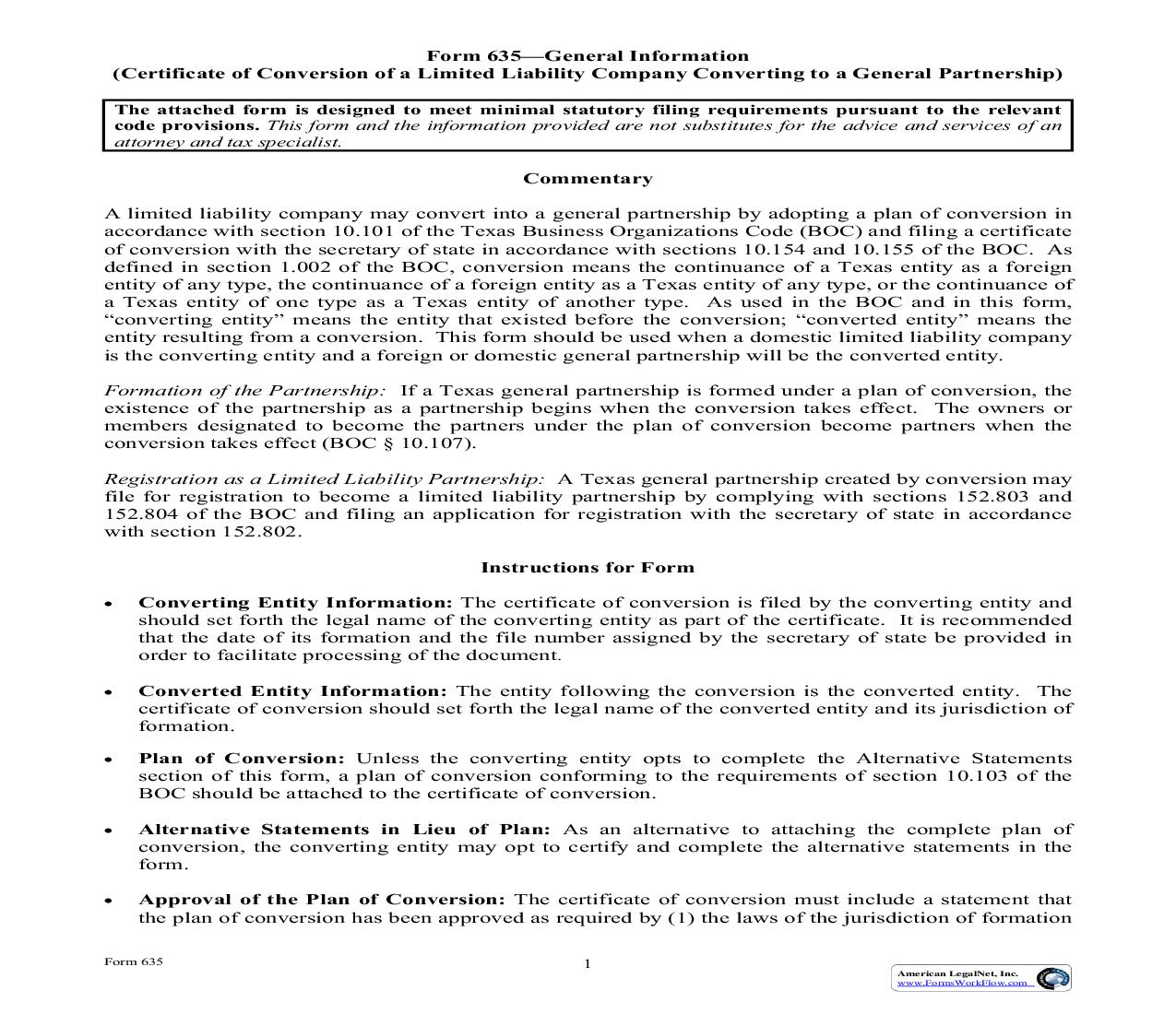 Certificate Of Conversion Of A LLC Converting To A General Partnership {635} | Pdf Fpdf Doc Docx | Texas