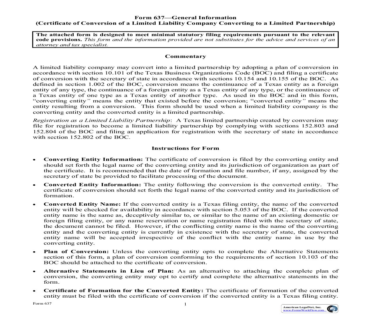 Certificate Of Conversion Of A LLC Converting To A LP {637} | Pdf Fpdf Doc Docx | Texas