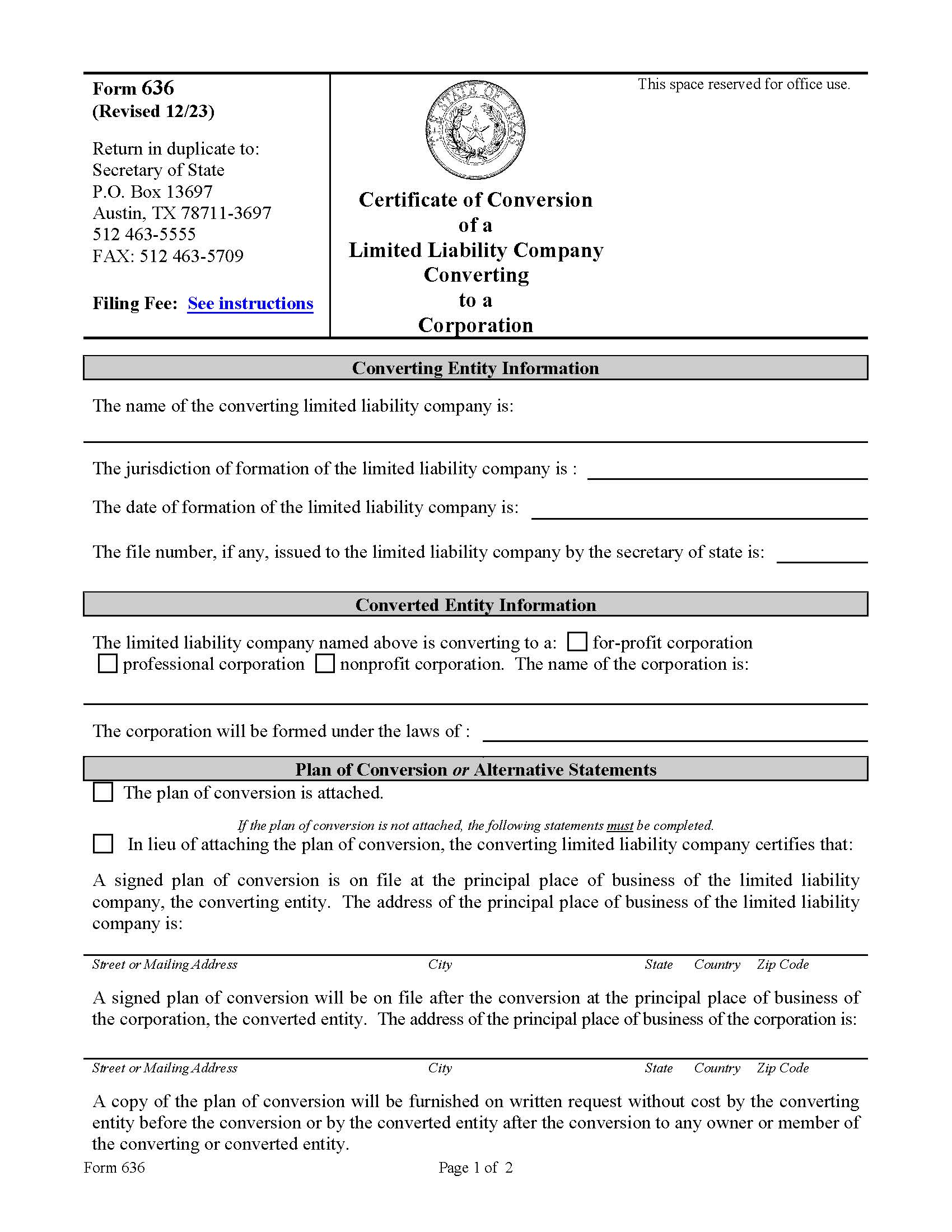 Certificate Of Conversion Of A Limited Liability Company Converting To A Corporation {636} | Pdf Fpdf Doc Docx | Texas