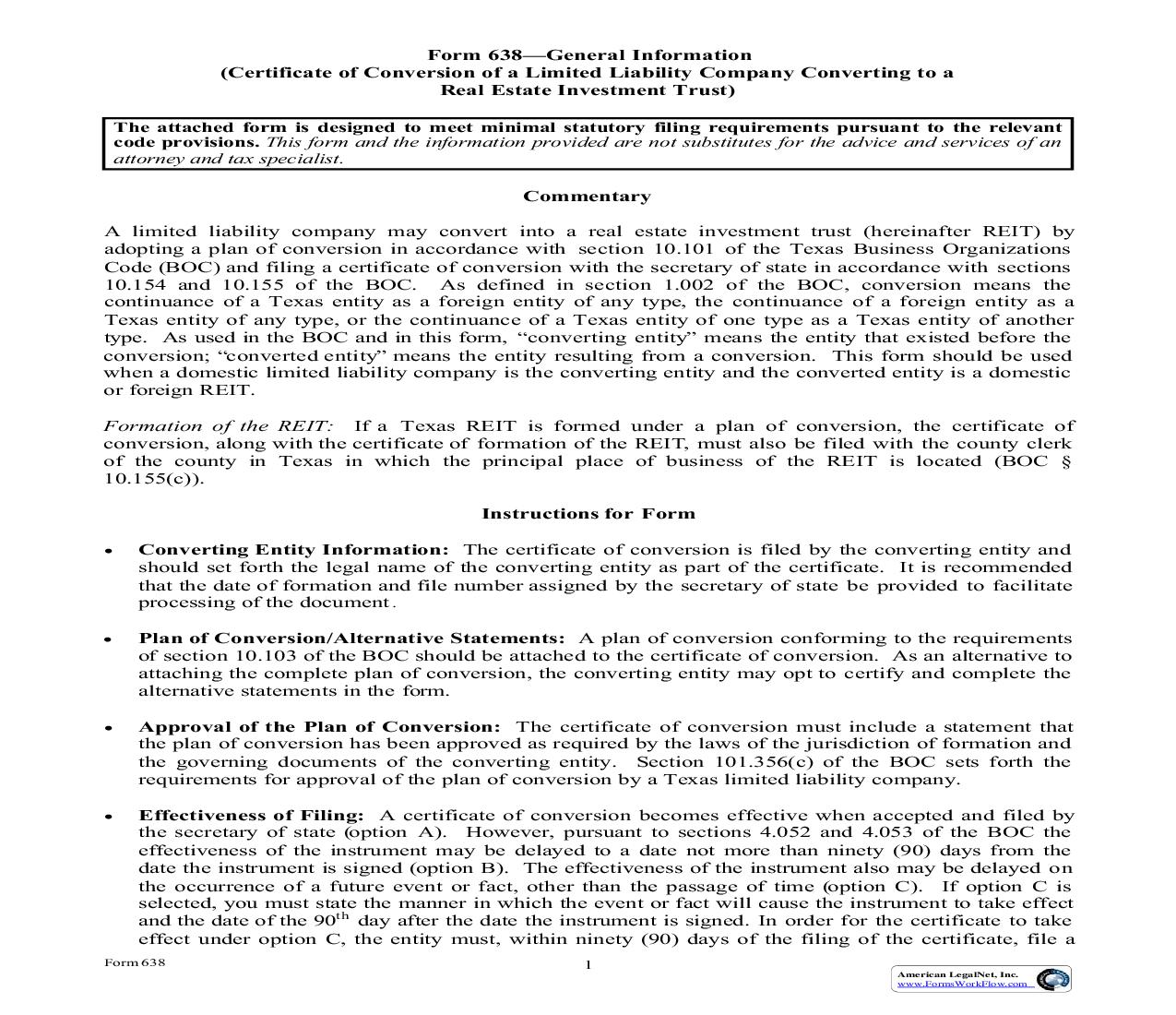 Certificate Of Conversion Of A Limited Liability Company Converting To A Real Estate Investment Trust {638} | Pdf Fpdf Doc Docx | Texas