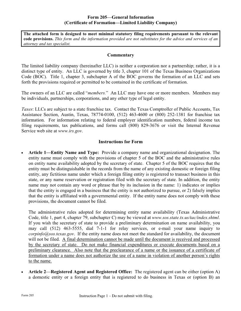 Certificate Of Formation-Limited Liability Company {205} | Pdf Fpdf Doc Docx | Texas