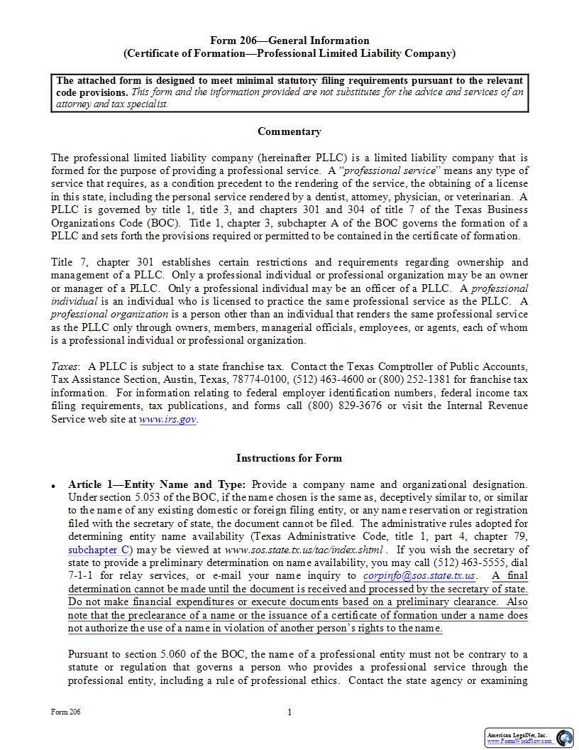 Certificate Of Formation-Professional Limited Liability Company {206} | Pdf Fpdf Docx | Texas