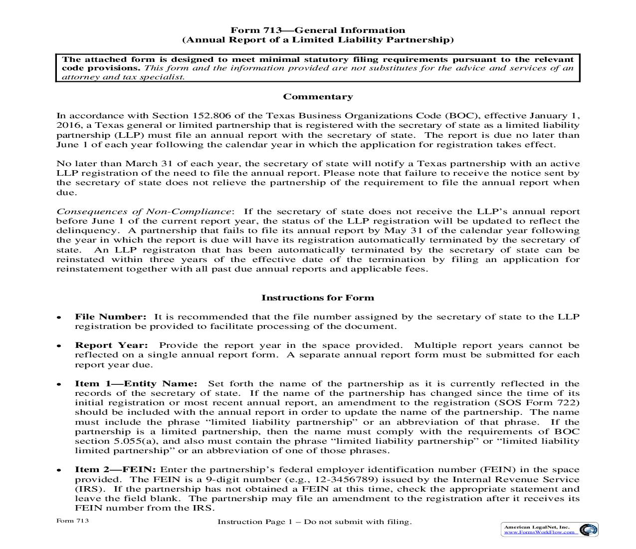 Annual Report Of A Limited Liability Partnership {713} | Pdf Fpdf Doc Docx | Texas