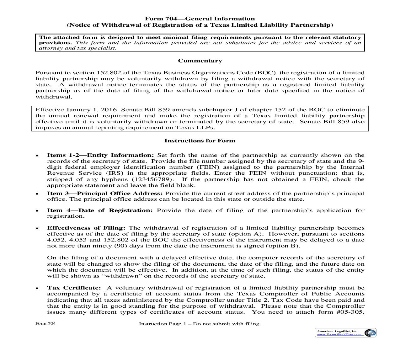 Notice Of Withdrawal Of Registration Of Limited Liability Partnership {704} | Pdf Fpdf Doc Docx | Texas