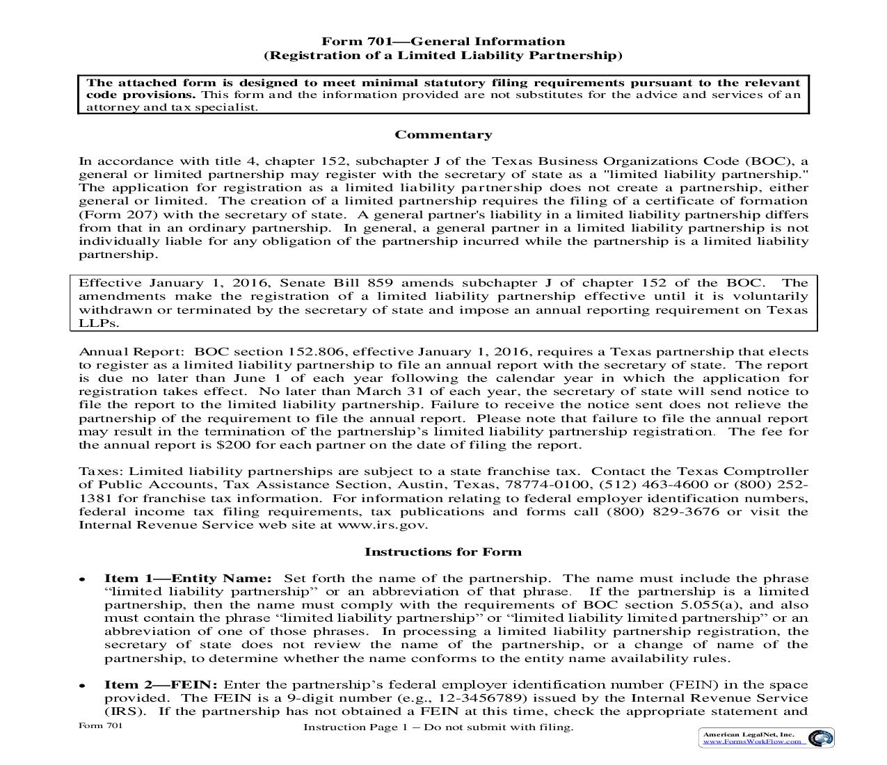 Registration Of A Limited Liability Partnership {701} | Pdf Fpdf Doc Docx | Texas