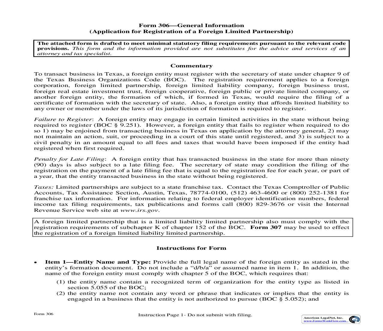 Application For Registration Of A Foreign Limited Partnership {306} | Pdf Fpdf Doc Docx | Texas