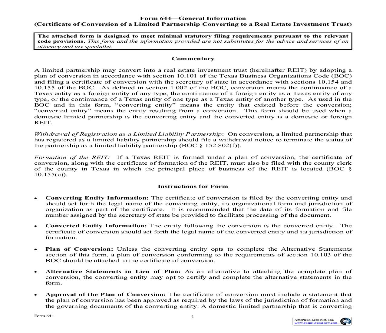 Certificate Of Conversion Of A LP Converting To A Real Estate Investment Trust {644} | Pdf Fpdf Doc Docx | Texas