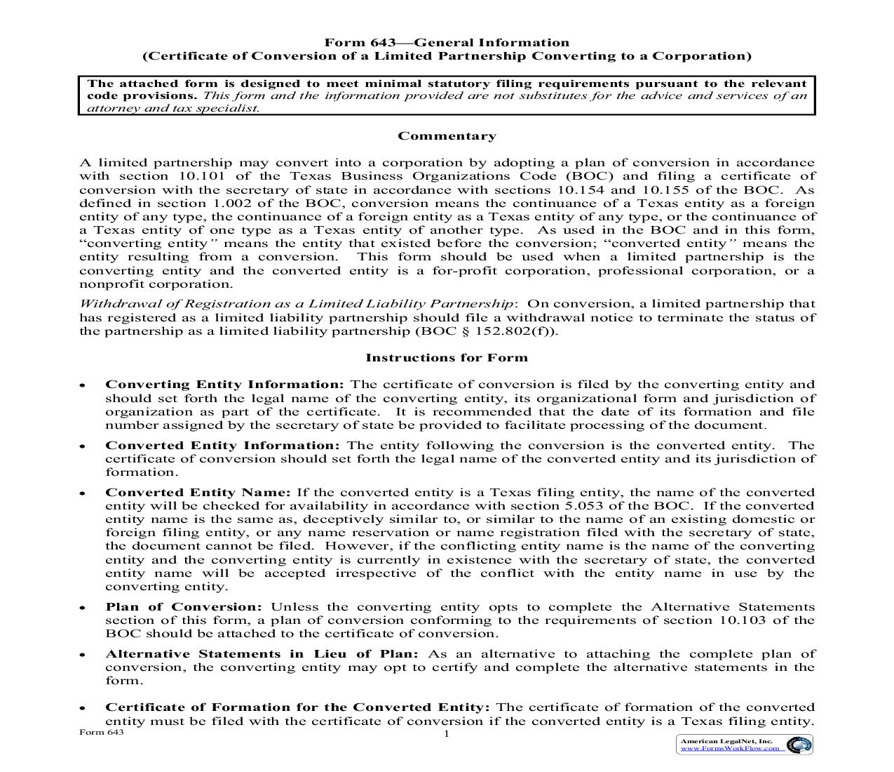 Certificate Of Conversion Of A Limited Partnership Converting To A Corporation {643} | Pdf Fpdf Doc Docx | Texas