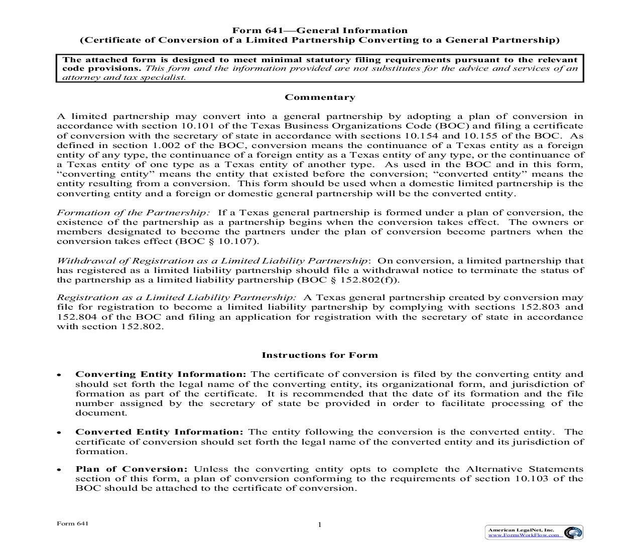 Certificate Of Conversion Of A Limited Partnership Converting To A General Partnership {641} | Pdf Fpdf Doc Docx | Texas