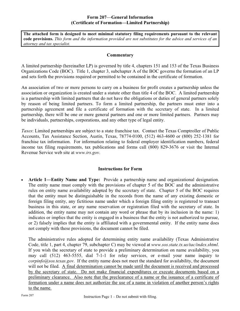 Certificate Of Formation-Limited Partnership {207} | Pdf Fpdf Doc Docx | Texas