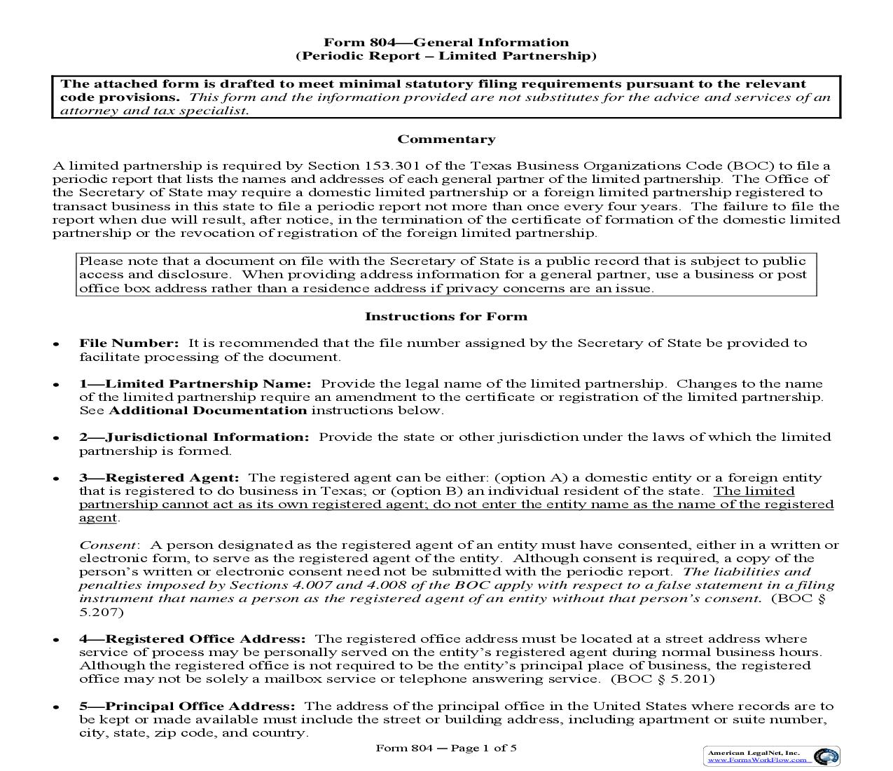 Periodic Report Of A Limited Partnership {804} | Pdf Fpdf Doc Docx | Texas