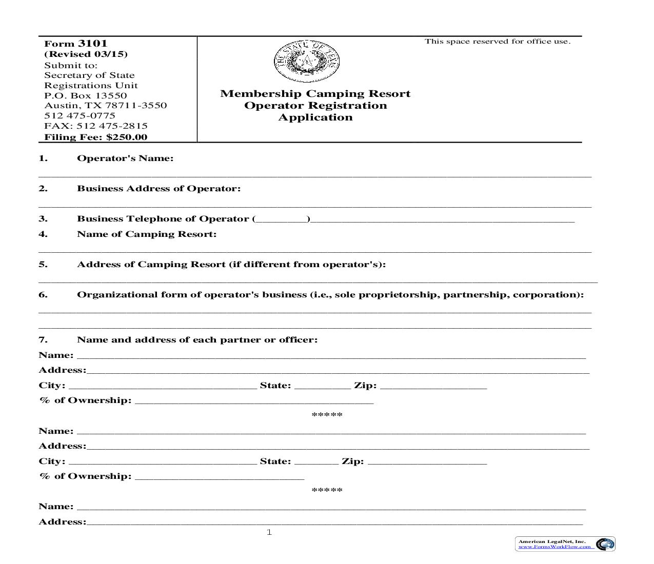 Membership Camping Resort Operator Registration Application {3101} | Pdf Fpdf Doc Docx | Texas