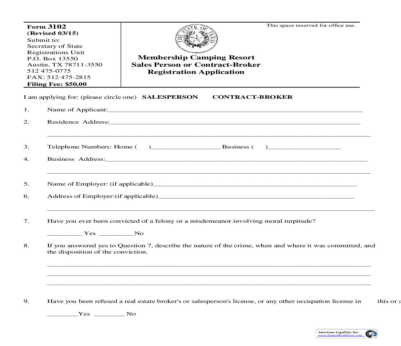 Membership Camping Resort Sales Or Broker Registration Application {3102} | Pdf Fpdf Doc Docx | Texas