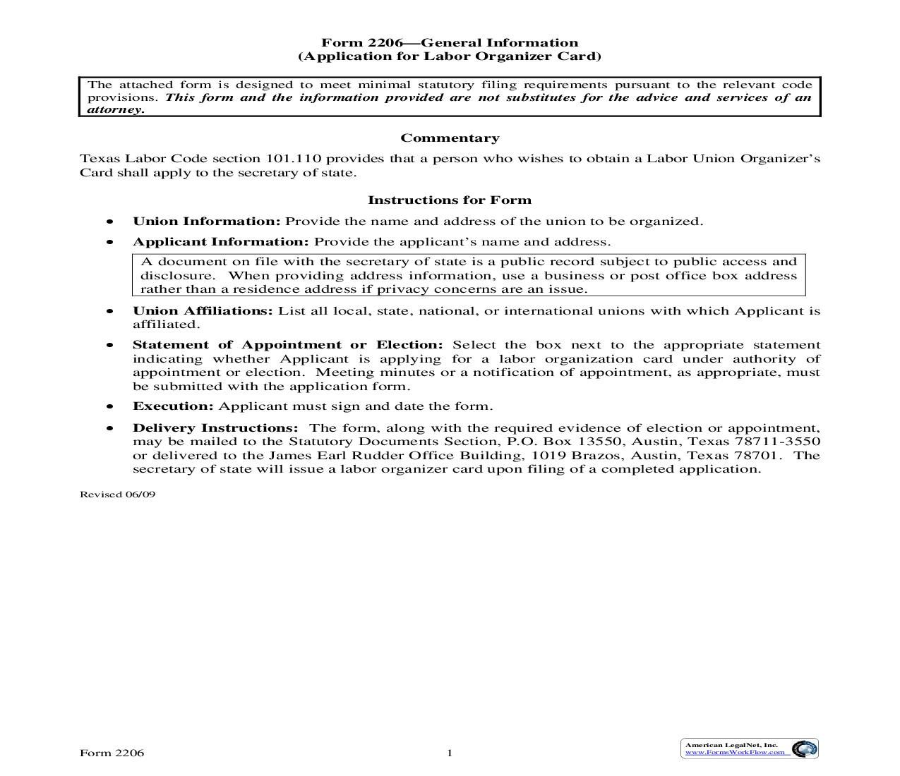 Application For Labor Organizer Card {2206} | Pdf Fpdf Doc Docx | Texas