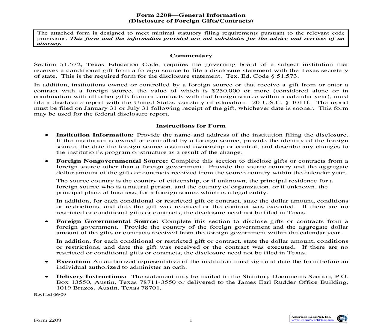 Disclosure Of Foreign Gifts Contracts {2208} |  | Texas