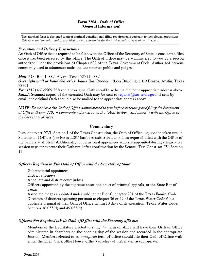 Oath Of Office {2204} | Pdf Fpdf Doc Docx | Texas