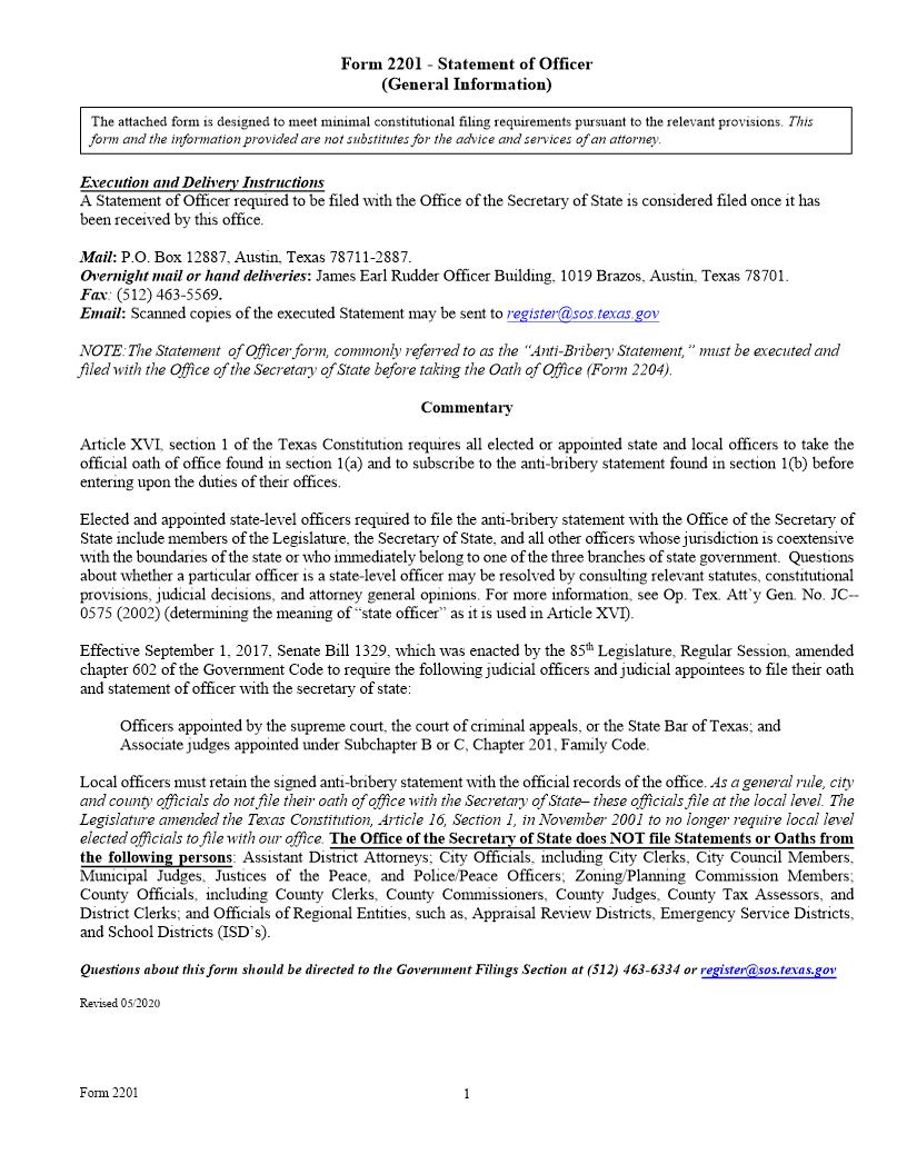 Statement Of Officer {2201} | Pdf Fpdf Doc Docx | Texas
