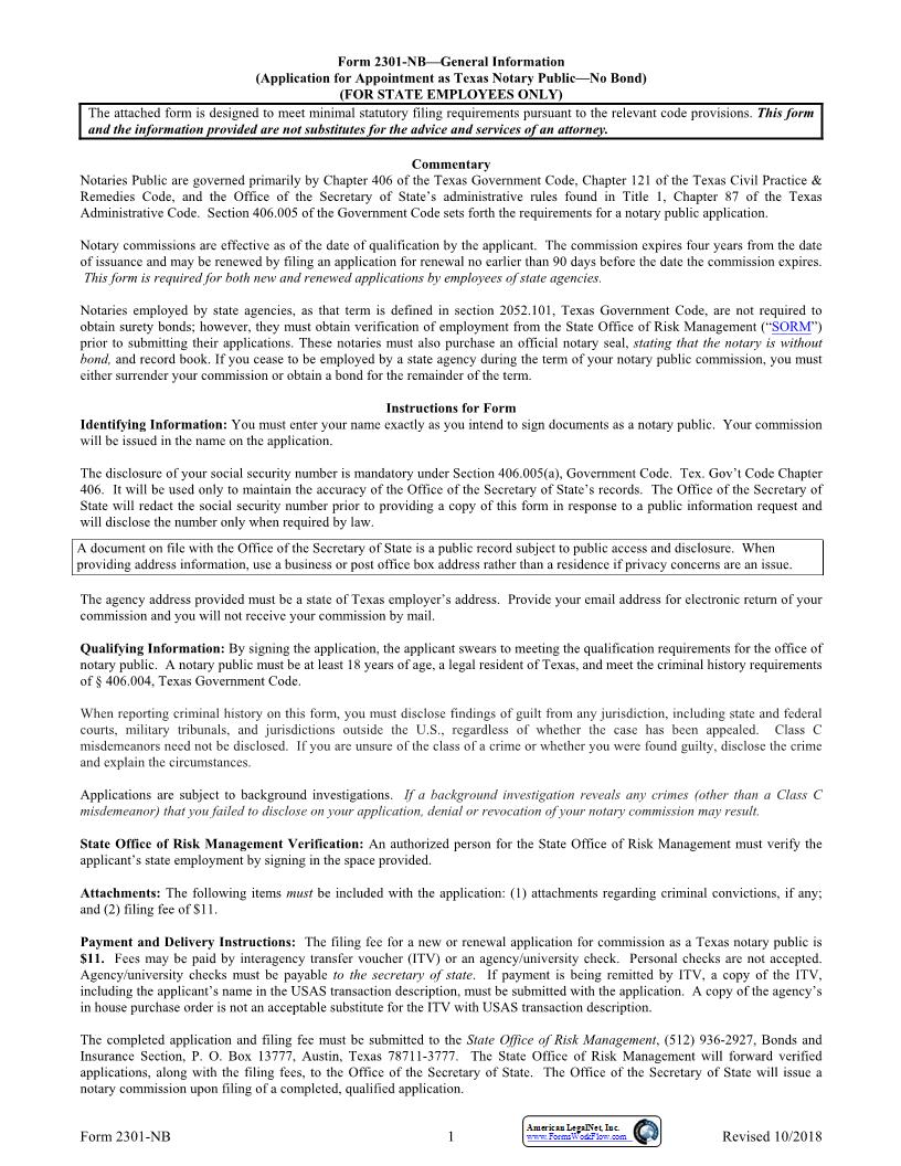 Application For Appointment As Texas Notary Public  (No Bond) {2301} | Pdf Fpdf Docx | Texas